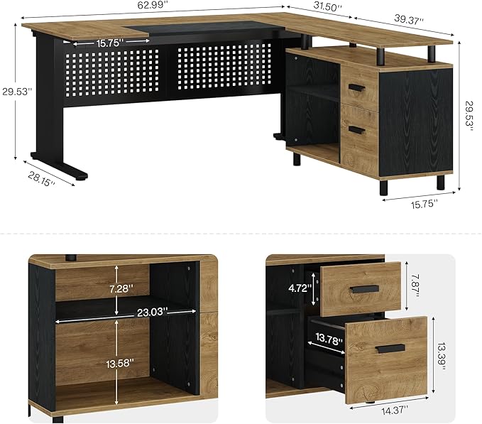 Tribesigns 63 Inch Executive Desk with File Cabinet, Large Office Desk L Shaped Computer Desk with Drawers and Storage Shelves, Business Furniture Desk for Home Office, Wood Color and Black