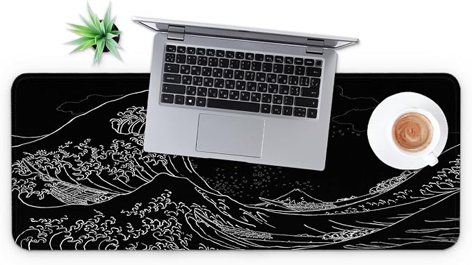 MAY FLOWER Large Gaming Mouse Pad, Full Keyboard Mat, Long Laptop Mousepad, Computer Mouse Mat for Home and Office, Anti-Slip Rubber Base, 31.5 x 11.8 Inches (Black Sea Wave)