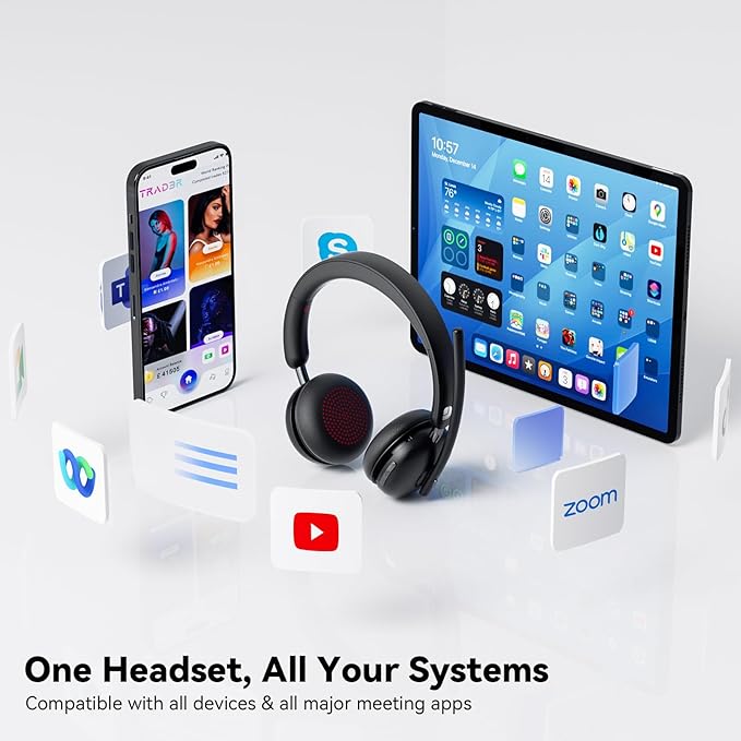 Wireless Headset with Mic for Work-Bluetooth 5.3 Headset with Microphone Noise Cancelling, Wireless Headsets with 65H Battery & 10Min Fast Charge, Smart Charging Dock for PC/Laptop/Team, Black