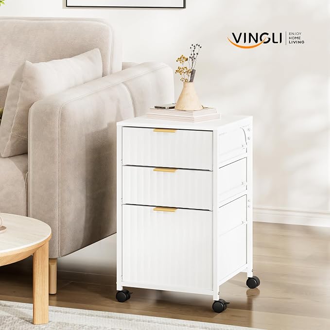VINGLI 3 Drawer Fluted File Cabinet, Rolling File Cabinet Mobile Under Desk File Cabinet with Wheels, Fabric Drawers Printer Stand for Home Office, Fits Letter Size, White