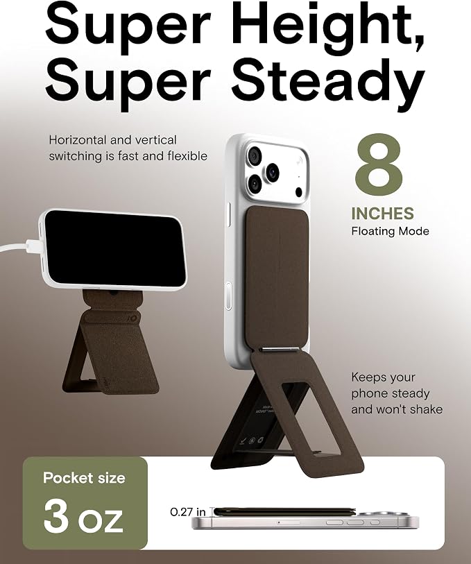 MOFT Phone Stand, Magnetic Phone Tripod Stand MOVAS-E-Coffee Leather & Angle Adjustment & Strong Magnets Tripod for iPhone 17/16/15/14/13/12 (Included Metal Ring)-Coffee