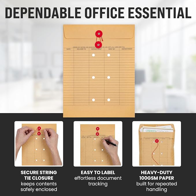 Interoffice Envelopes with String, 10" x 13" (Pack of 100) | String Tie Interdepartmental Envelopes, Sturdy 100gsm Paper