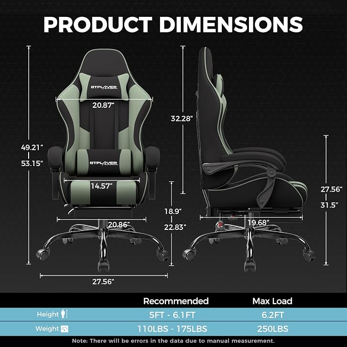 GTPLAYER Gaming Chair, Computer Chair with Footrest and Lumbar Support, Height Adjustable Game Chair with 360°-Swivel Seat and Headrest and for Office or Gaming (Green, Fabric)