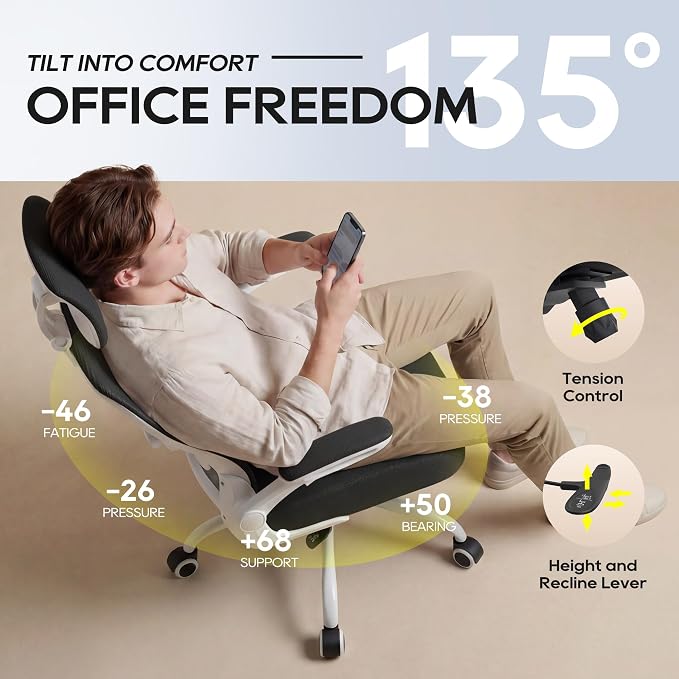 Ergonomic Office Chair for Long Hours, Padded Lumbar Support for Lower Back Relief, 330 lb Capacity, Comfortable Computer Desk Chair for Home Office, Computer & Study (Modern, White/Black)