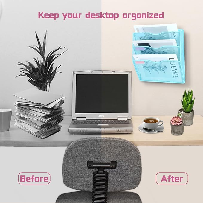 3 Pockets Mesh Wall File Holder Organizer Office Hanging File Folder Magazine Rack, Nametag Label Hooks Set Included (Blue)