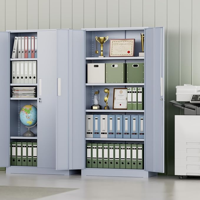 Metal Storage Cabinet, 72" H Lockable Steel Cabinets with Locking Doors, Storage Lockers with Adjustable Shelves for Office, Home, Garage, Gym, School (Cement Grey)