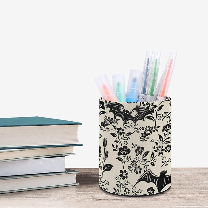 Gothic Bat Flowers Pen Holder Pencil Cup for Desk Organizer | Cute Makeup Brush Holder PU Multifunctional Office Suppliesfor Decor Home Classroom School