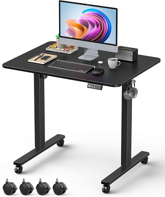 Small Height Adjustable Electric Standing Desk, 31.5" x 23.6" Sit Stand up Desk with Splice Board, Ergonomic Rising Computer Home Office Desk Table with Memory Preset, Black Frame/Black Top
