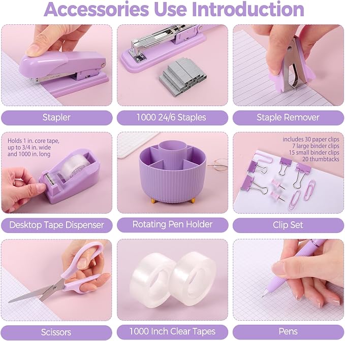 SKYDUE Purple Office Supplies Set with Pencil Holder for Desk,11 PCS | Desk Supplies Sets with Stapler,Tape Dispenser, Scissors, Ruler, Binder/Paper Clips and 1000pcs Staples,Office Decor