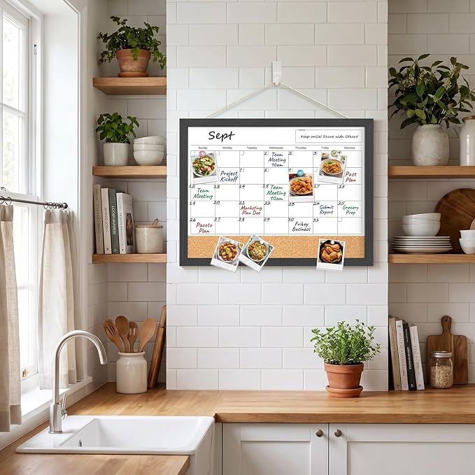 Whiteboard Calendar, 24x18 Hanging Dry Erase Calendar for Wall | Magnetic, With Cork Board, Hangable, Wooden Frame, Ideal for Dorm Room, Office, Kitchen, Bedroom, Home, School, Classroom