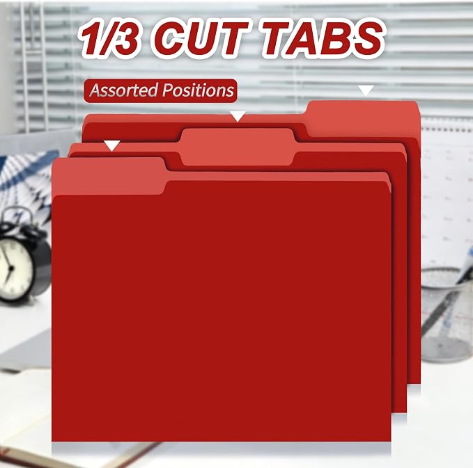 VZCPYTPM 100 Pack Red File Folder,1/3-Cut Tabs,Paper File Folders Letter Size,8.5x11 Manilla File Folders for Office Filing,School Projects and Home,Organizer Documents