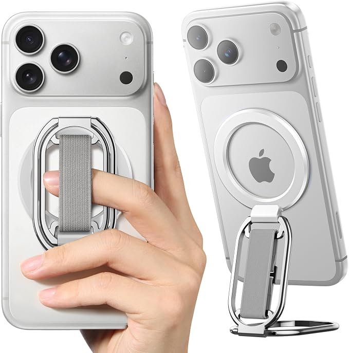 SUPERONE for MagSafe Phone Grip Kickstand, Magnetic Phone Ring Holder | 4-in-1 Mag Safe Stand Phone Ring with Finger-Loop Strap, Mag Safe Accessories Compatible with iPhone 17-12 series - Silver