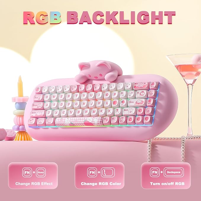 YUNZII C68 Silicone Cute Cat Mechanical Keyboard (Pink, Milk Switch) | Wireless Triple Mode BT5.0/2.4G/Wired, RGB Backlit NKRO, Cute Cat Silicone Ergonomic Design for Win/Mac