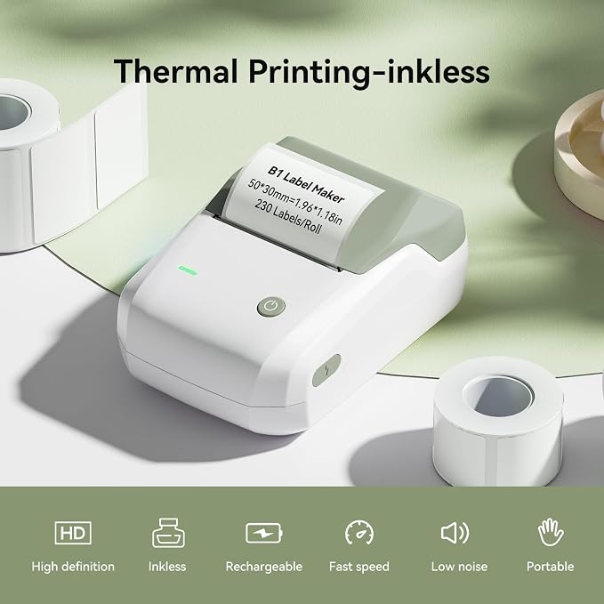 NIIMBOT B1 Label Maker Machine with Tape for Home and School, Green White | 2 Inch Portable Label Printer Bluetooth Thermal Sticker Printer for Small Business Labeling, Compatible with Phones & PC