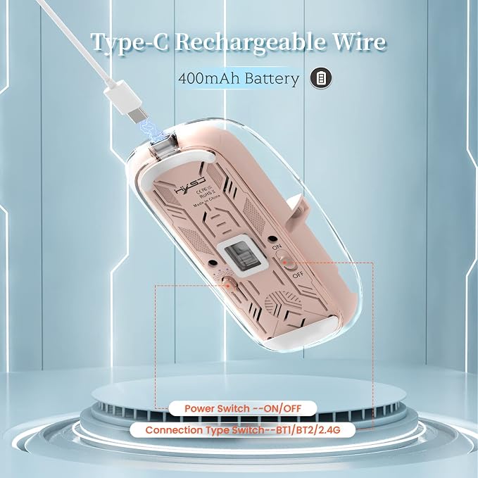 AJAZZ Wireless Bluetooth5.1&2.4G Mini Lightweight Mouse,Transparent Clear Cool,Rechargeable Silent Computer Mice,Nano USB C Receiver,LED Battery Magic Silm for Office/PC/Mac/Laptop/Apple/ipad(Pink)