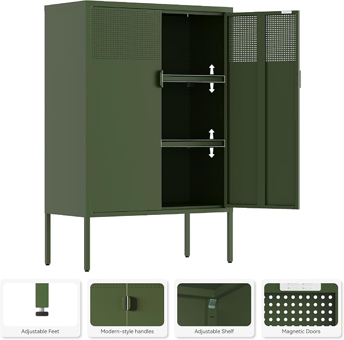 Metal Storage Cabinet,2 Door TV Stand, Metal Mesh Accent Cabinet | Magnetic Door Closure,Low Storage Cabinets with Doors and Shelf for Home,Office,Living Room