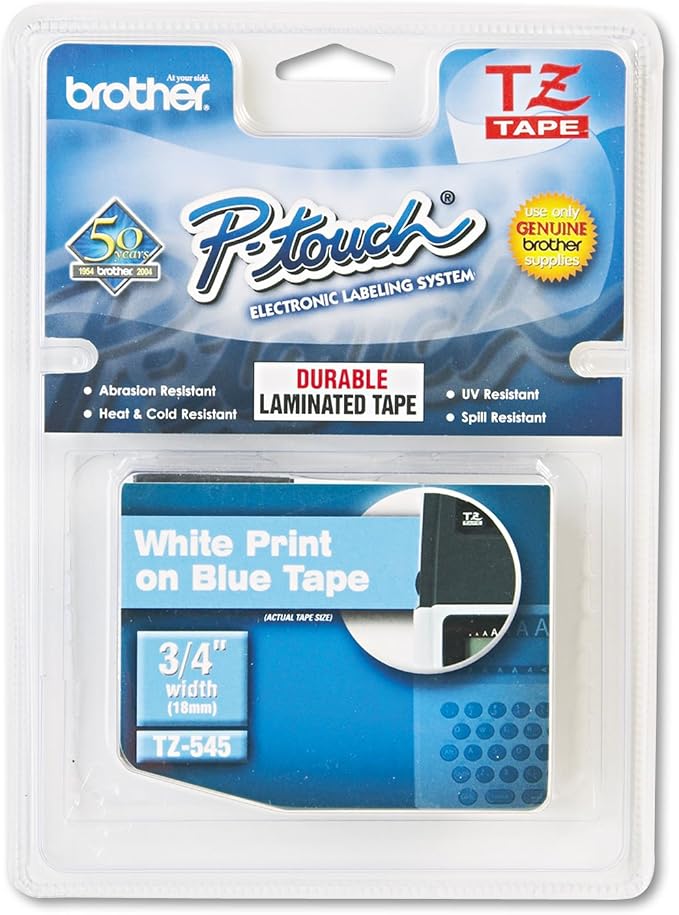 Brother Genuine P-Touch TZE-545 Tape, 3/4" (0.7") Standard Laminated P-Touch Tape, White on Blue, for Indoor or Outdoor Use, Water-Resistant, 26.2 ft (8 m), Single-Pack