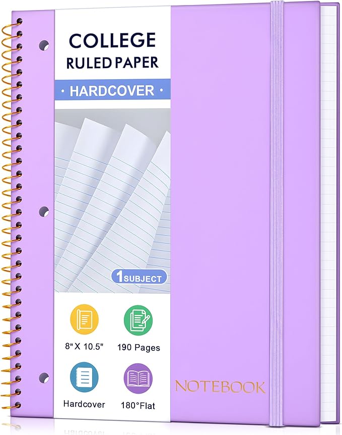 Spiral Notebook College Ruled Paper 8" x 10-1/2", 1 Subject Spiral Notebook, 3-Hole Punched Perforated Pages Ideal for School, Office, Writing, 95 Sheets Lined Journaling Notebook, Purple