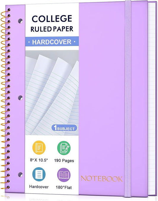 Spiral Notebook College Ruled Paper 8" x 10-1/2", 1 Subject Spiral Notebook, 3-Hole Punched Perforated Pages Ideal for School, Office, Writing, 95 Sheets Lined Journaling Notebook, Purple