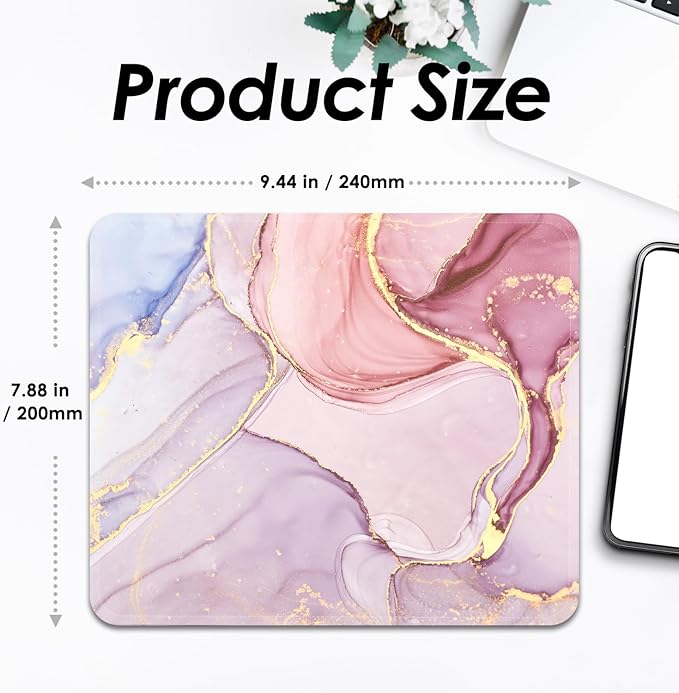 Mouse Pad with Stitched Edges - Elegant Marble Mousepad for Women, 9.25 x 7.75 inch Washable Square Desk Pad, Non-Slip Rubber Base, Office Home Laptop Accessories - Rose Marble