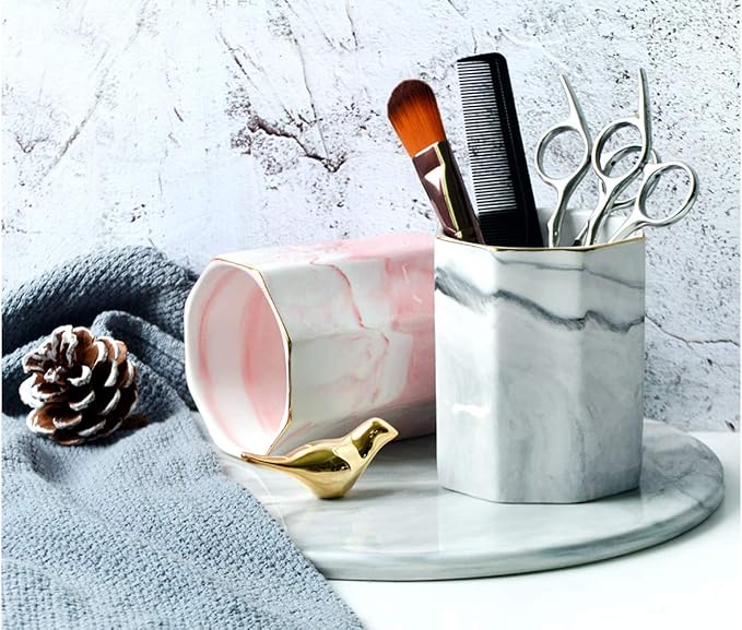 Pen Holder, Pencil Holder for Desk, Practical Ceramic Pencil Organizer, Decorative Makeup Brush Holder, Perfect Office Organization, Teacher Supplies, Gray Marble