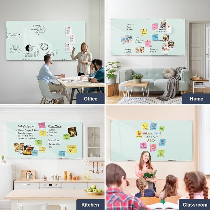 Glass Whiteboard 96x48 Large Magnetic White Board Dry Erase Board for Wall | Magnetic Surface, Dry Erase, Large Frameless Glass Whiteboard, Ideal for Office Home School Classroom Kitchen