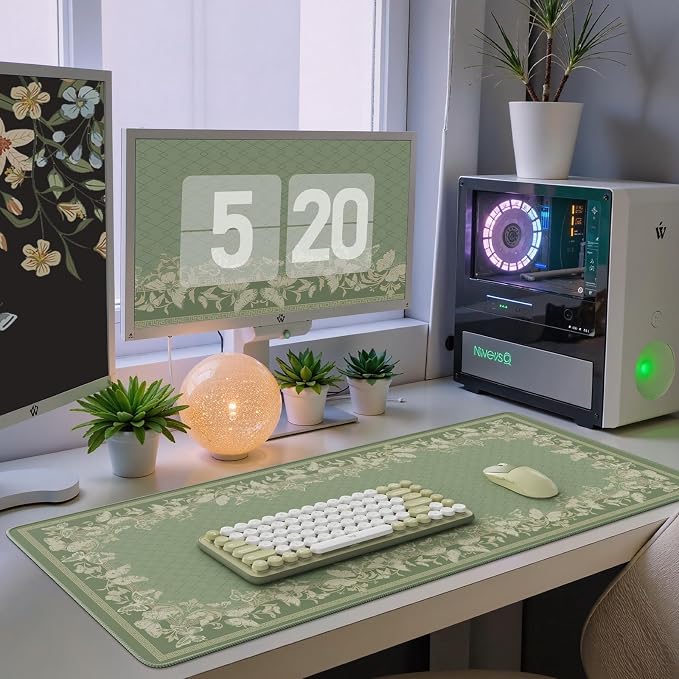 iCasso Floral Desk Mat for Keyboard and Mouse,Cute Mouse Pad,Light Green | Anti-Slip Desk Matt for Desktop,Soft Lycra Surface Computer Mat Women,Girly Big Mousepad for Home Office