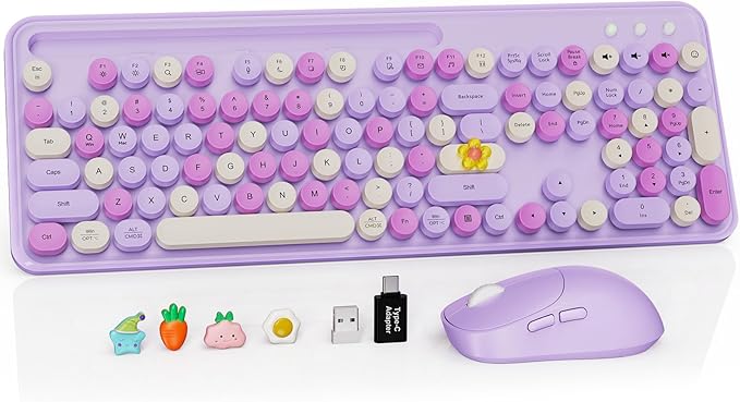 Wireless Keyboard and Mouse Combo, Retro Round Keycaps, Full-Size Stylish Typewriter Keyboard with Large Phone/Tablet Holder, 3-Level DPI Ergonomic Mouse, 2.4GHz Cordless for Windows PC, Lavender Mist