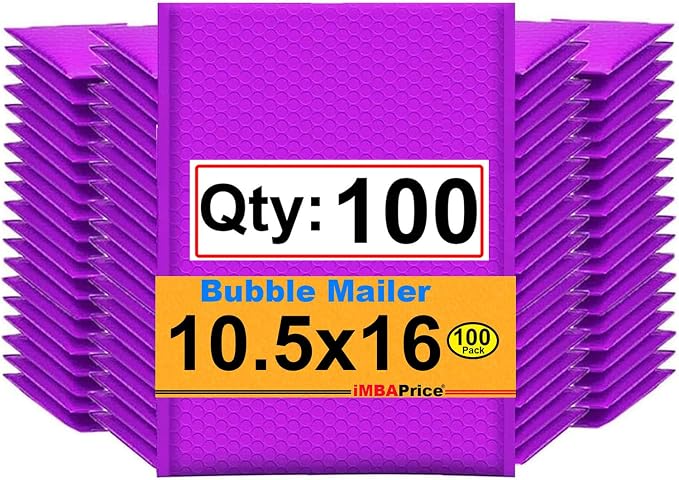 iMBAPrice 100-Pack #5 (10.5" x 16") Inch Purple Color Poly Bubble Mailers, Self Seal Padded Envelopes Waterproof Bubble Shipping Bags for Mailing and Packaging (Total 100 Bags)