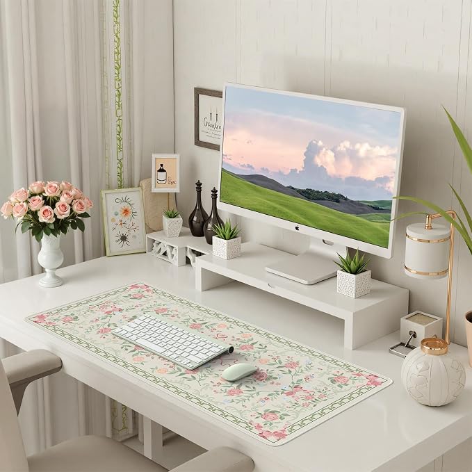 iCasso Green Desk Mat,Cute Desk Pad for Keyboard and Mouse | Anti-Slip Large Gaming Computer Mat,Soft Lycra Surface Laptop Pad Women,Aesthetic Girly Desk Cover for Home Work