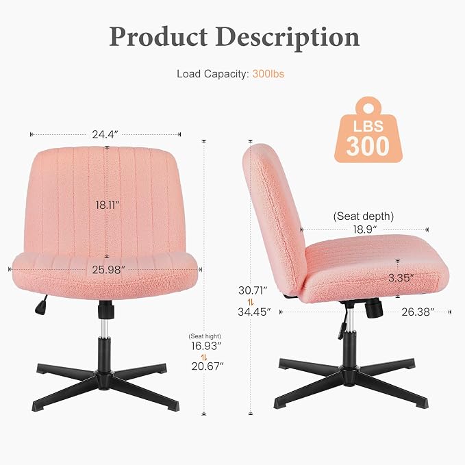 OLIXIS Criss Cross Chair, Vanity Chair, Home Office Desk | Cute Furry Teddy Fleece, Height Adjustable, Armless Wide Seating for Bedroom Student Study Room,Teddy Pink No Wheel