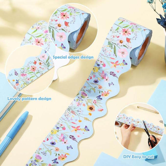 32.8 Ft Blue Wildflower Bulletin Board Borders Scalloped Trim | Pastel Floral for Classroom Decor, Fiesta Party Trim, Summer Office Walls, Scalloped Edge for Display Boards