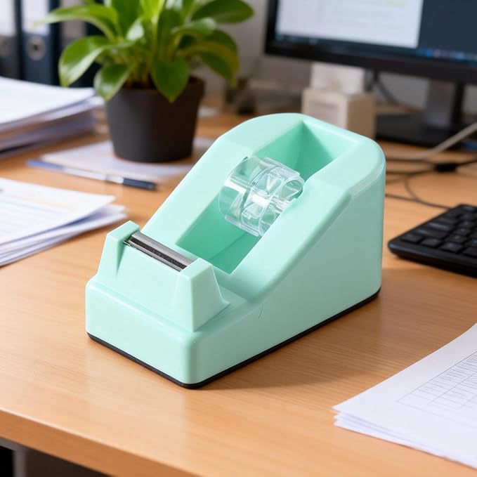 Desktop Tape Dispenser Kits with Weighted Nonskid Base Tape Dispenser- Includes 9 Rolls of Transparent Tape(0.71 Inch x 500 inches Each) & Blue Scissors, 2 Pcs Tweezers (Green)