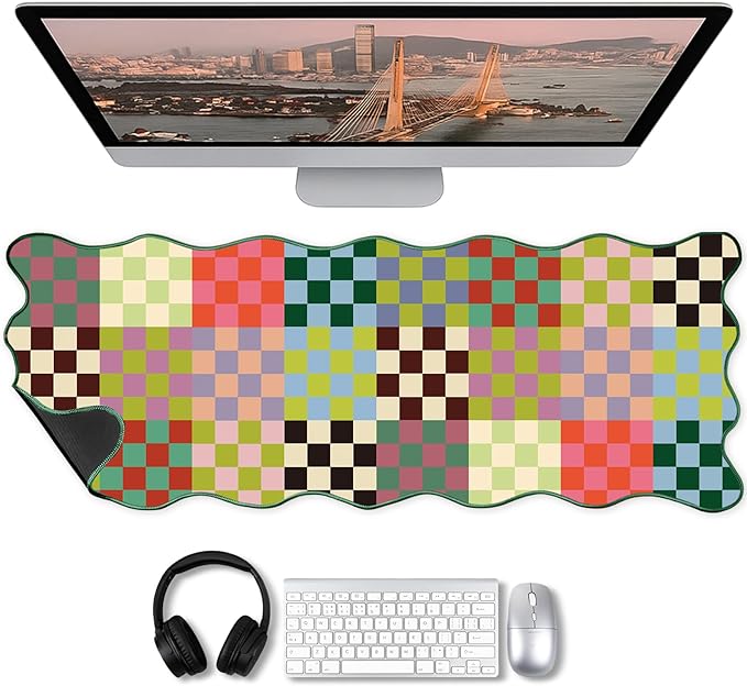 1 Pcs Colorful Scalloped Checkered Desk Mat 31.5 x 11.8 Large Cute Mouse Pad Computer Mat Non Slip Waterproof Rubber Base with Border Stitching Soft Keyboard Pad for Home Office Game Makeup