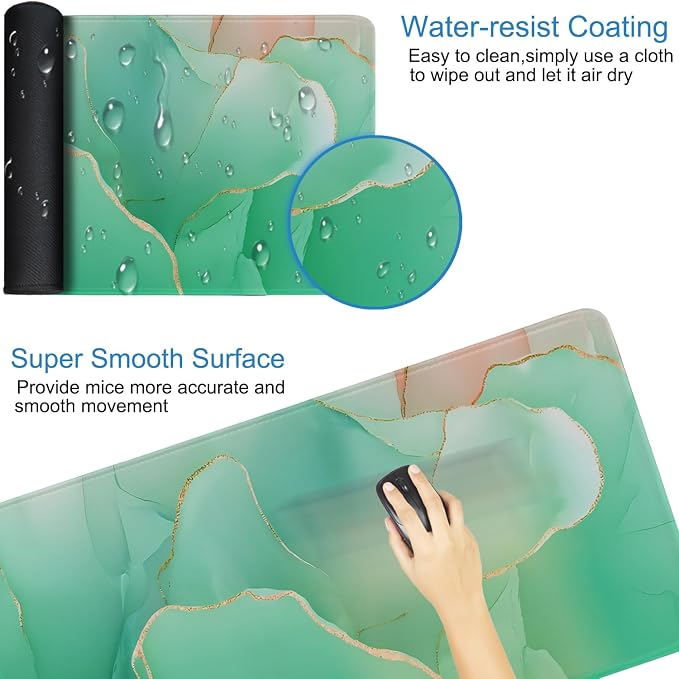 Large Mouse Pad 31.5 x 11.8 in, Gaming Mousepad with Stitched Edges, Premium Microfiber Cloth Surface, Waterproof Non-Slip Base Keyboard Desk Mat for Home Office Gaming, Marble Green
