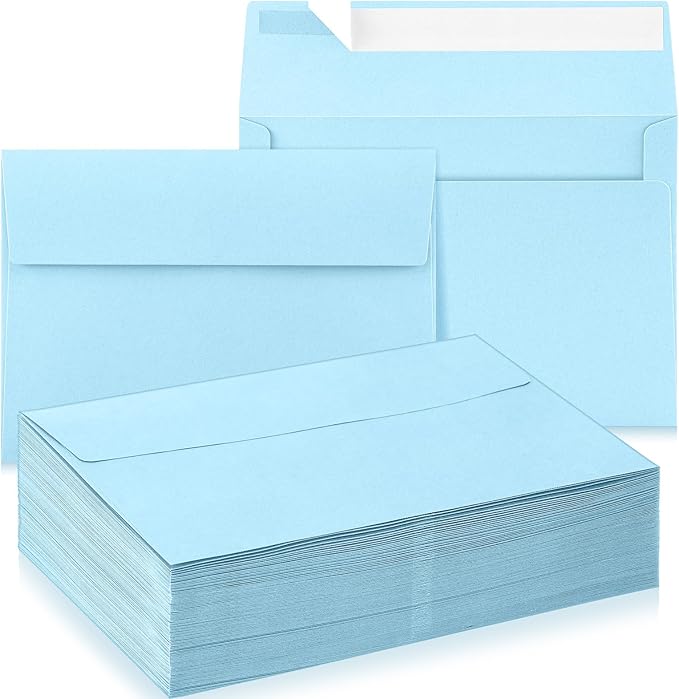 Harloon 100 Pcs A9 Invitation Envelopes 5.75 x 8.75 Inch Self Adhesive Wedding Invitation Envelopes Paper Greeting Card Envelope for Photos Letters Baby Shower Office 110 Gsm Paper(Light Blue)