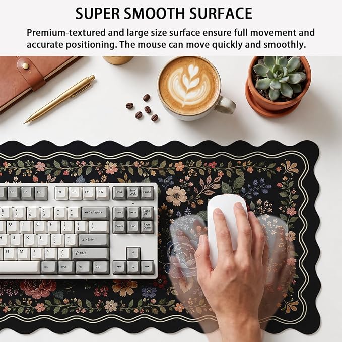 Vintage Floral Scalloped Desk Mat Colorful Sage Orange Blue Flowers Mousepad XL Large Gaming Mouse Pad Laptop Keyboard Mat Desk Pad Office Home Decor for Women Girl 31.5"x15.7"