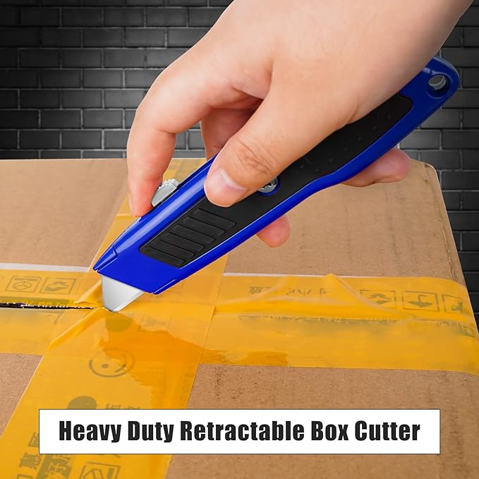 DIYSELF 2 Pack Box Cutter, Heavy Duty Utility Knife for Construction, Carpet, Cardboard, Retractable Aluminum Box Knife, Razor Blade Opener (Blue)