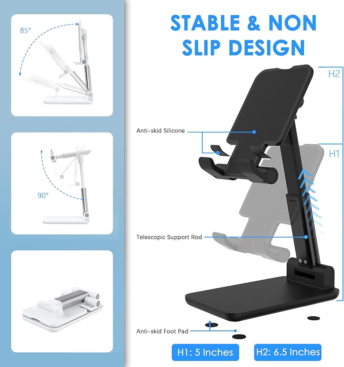 2 Pack Cell Phone Stand for Desk, Adjustable Angle & Height, Foldable Portable Phone Holder with Anti-Slip Silicone Pad, Compatible with iPhone 17/16/15/14/Smartphones 4–8 Inch, Black&White