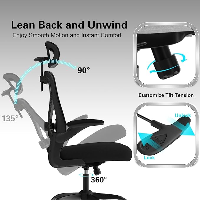 Home Office Desk Chairs, Ergonomic Office Chair with Lumbar Support & 3D Headrest, Computer Desk Chair with Flip-up Armrests, Perfect for Office or Study, Black/Carbon Fiber