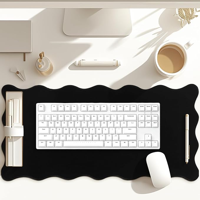 Hahafelt Scalloped Desk Mat Waterproof,Black,31.5 X 15.8 Inches | Coquette Preppy Style for School Office Makeup Vanity, Nonslip Gaming Desktop Protector with Scalloped Stitched Edge Mat