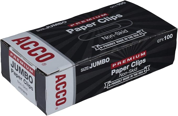 ACCO Jumbo Paper Clips, Non-Skid, Premium, Steel Wire, 20 Sheet Capacity, Silver, 1 Box of 100 Clips (A7072510)