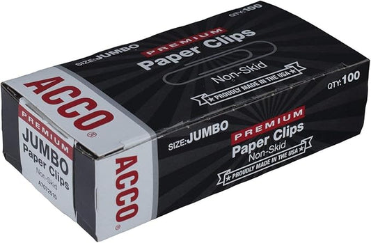 ACCO Jumbo Paper Clips, Non-Skid, Premium, Steel Wire, 20 Sheet Capacity, Silver, 1 Box of 100 Clips (A7072510)
