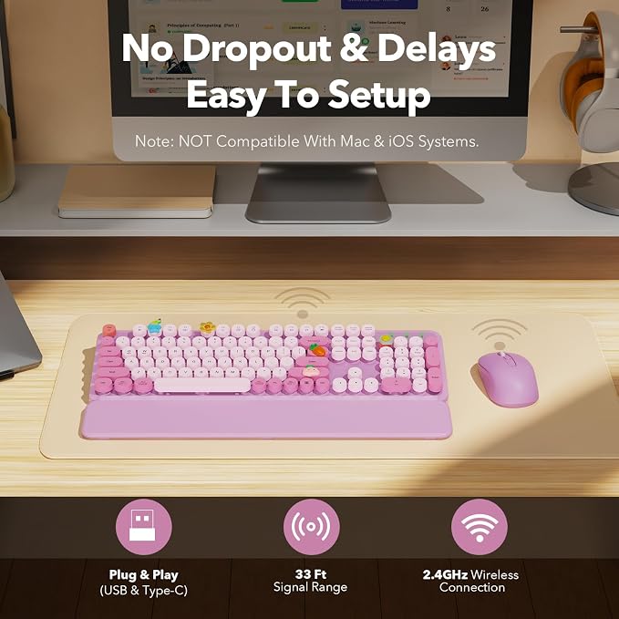 Wireless Keyboard and Mouse Combo, Round Keycaps, Full-Size Retro Typewriter Keyboard with Magnetic Wrist Rest, Tilt Legs, 2.4GHz Cordless Connection for Mac/Windows/PC, SABLUTE CK23, Lavender Purple | Full-Size Typewriter-Style Keyboard, Tilt Legs, 2....