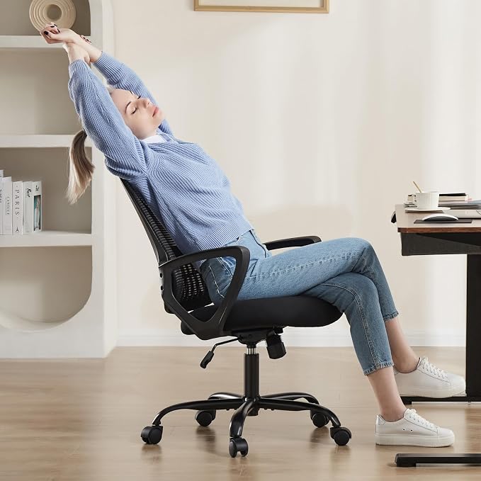 OLIXIS Home Office Chair, Mesh Desk Chair, Ergonomic Lumbar Support | Mid Back Computer Ergonomic, Height Adjustable Swivel Task, Large Seat Armrest, Adults, Black