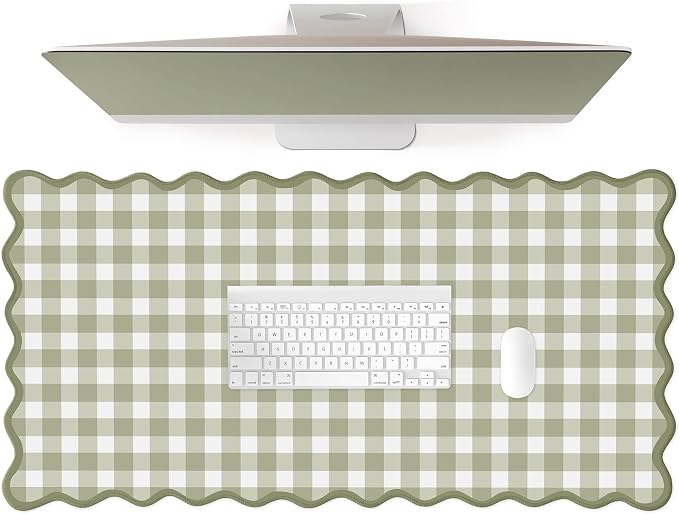 Scalloped‌ Green Checkered Desk Mat Cute Pastel Large Gaming Mouse Pad Gingham Kawaii Cottagecore ‌Vintage‌ Girly Keyboard Computer Mat Aesthetic Desk Pad Accessories Office Decor for Women
