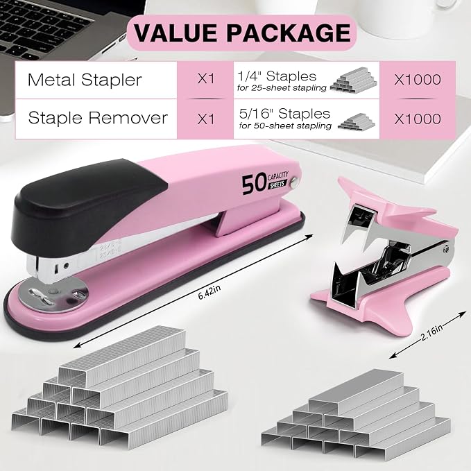 Pink Stapler Heavy Duty, Staplers for Desk, 2000 Staples, Staple Remover | 50 Sheet Capacity No Jam Metal Stapler, Non-Slip Heavy Duty Stapler, Pink Office Supplies for Teacher, Office Clerks