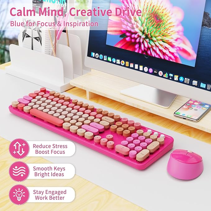 Nowlike Wireless Keyboard and Mouse Combo, Retro Typewriter Keyboard with Round Keycaps, Full-Size Ergonomic, Red, Ideal for Windows PC, Home, Office, and College, Wireless Keyboard Mouse Combo