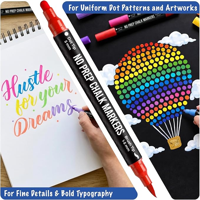 Chalkola Dual Tip Chalk Markers for Blackboard - (24 Colors, Dot + Brush Tip, No Pumping) | Erasable Liquid Chalk Markers for Chalkboard, Glass, Car Window, Mirror - Washable Water Based Ink Pen