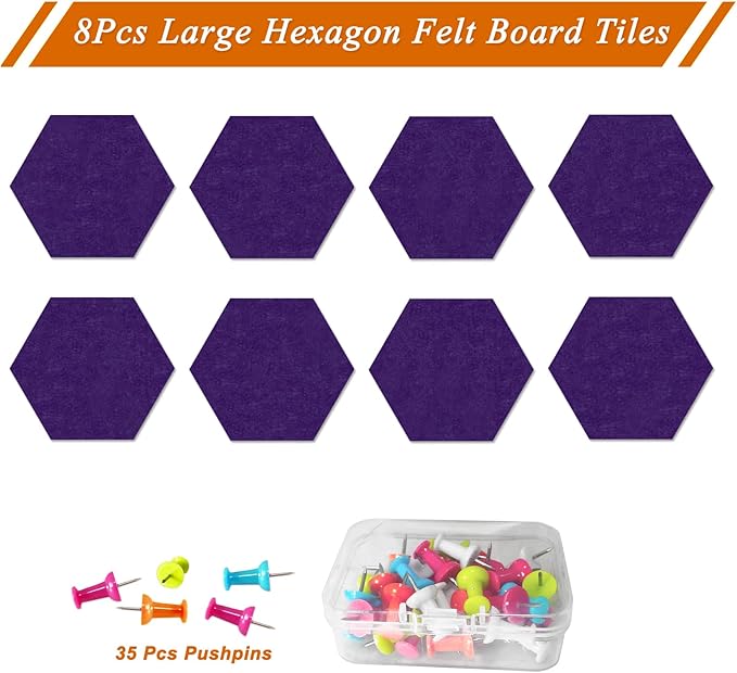 Large Hexagon Felt Cork Board Tiles, Self Adhesive DIY Felt Bulletin Board Pin Board with 35 Pushpins for Office School Home Wall Decor Stickers Memos Photos Display(Purple)
